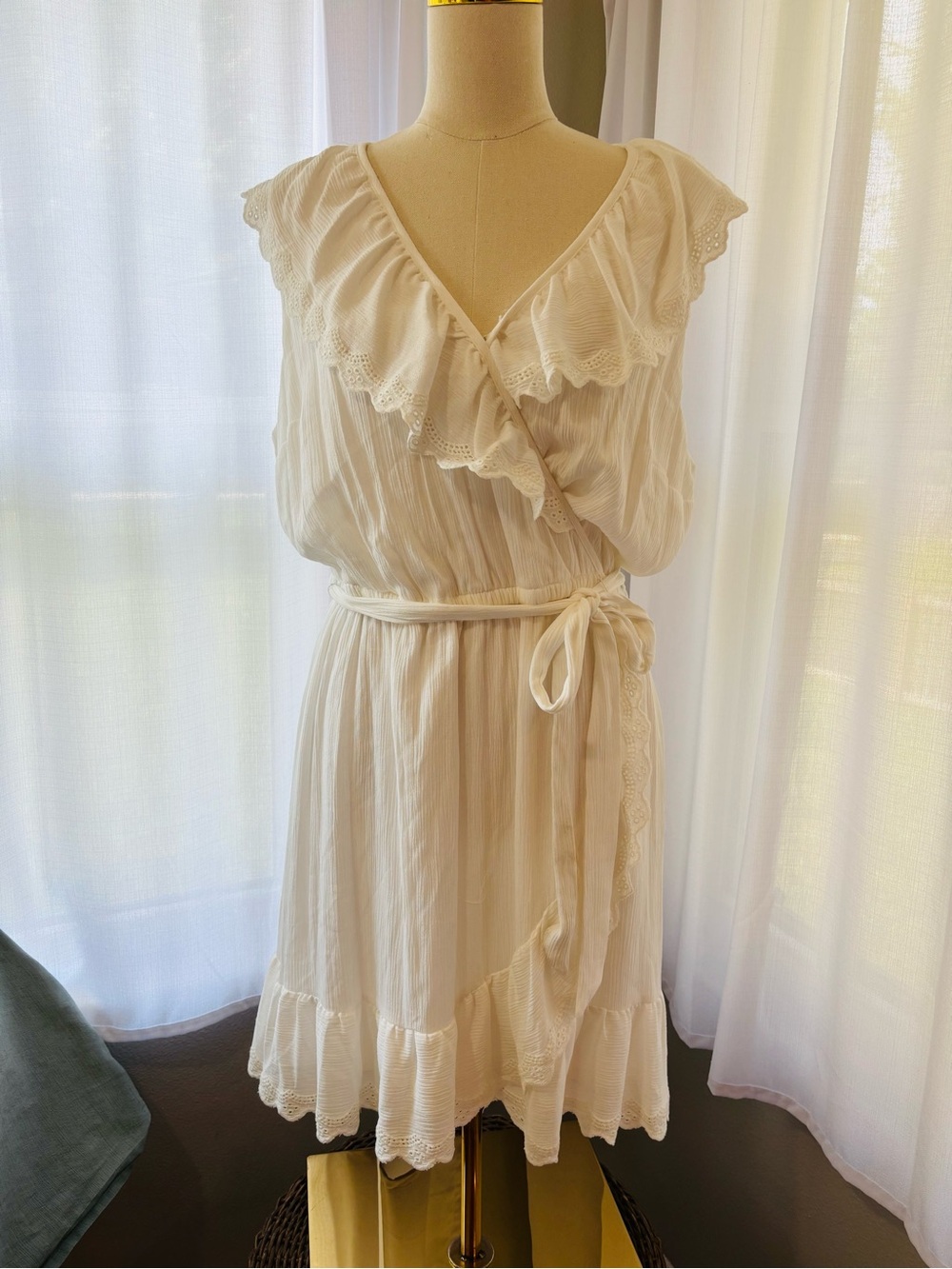 LC Lauren Conrad Cream Ruffle Eyelet Tie-Front Dress